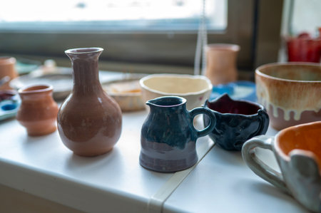 Assortment of colorful ceramic mugs and vases on table in pottery studio, creative craft details