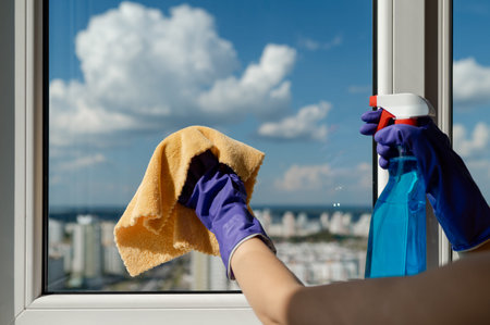 Hands in gloves washing a window with a clear view of the city skyline and blue sky with clouds,...