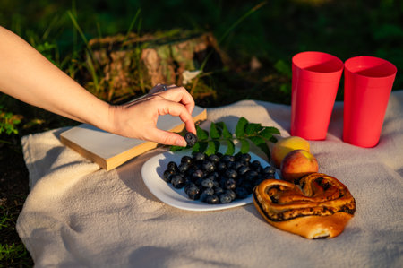 Woman's hand reaches for fresh blueberries on a beige blanket with a plate of berries, bun, glasses, and a book, creating a cozy summer picnic still lifeの写真素材