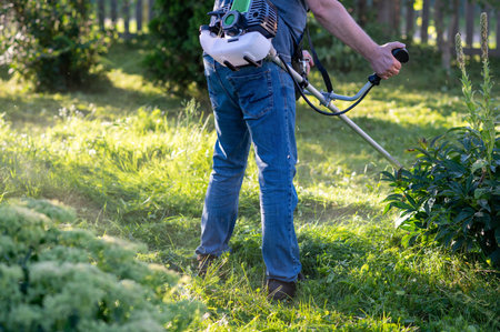 Man in jeans cutting tall grass with string trimmer in backyard garden, concept of seasonal lawn...