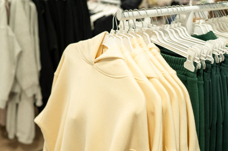 Large selection of modern apparel featuring cream fleece hoodies and dark green sweatpants on a...