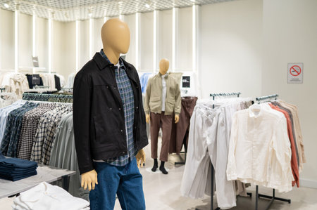 Interior view of a bright clothing shop featuring dressed man dummies and various apparel on racks...