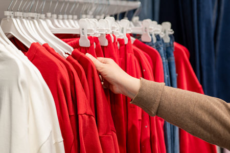 Close up of a woman hand holding and checking the fabric quality of a vibrant scarlet sweatshirt on...