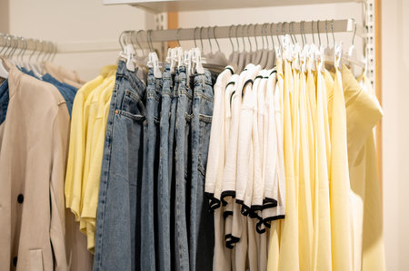 Variety of casual apparel including blue jeans and yellow tops hanging on a rack in a modern clothing store. Fashion retail display with seasonal collection in a boutique shopping mall interior