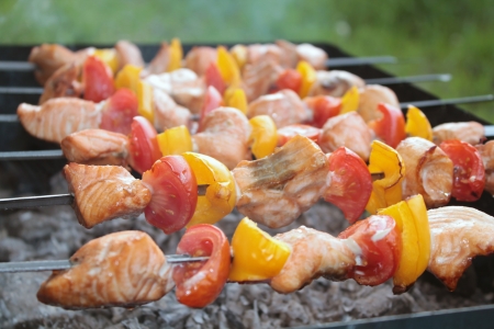 Shashlik with salmon, yellow pepper and tomatoの写真素材