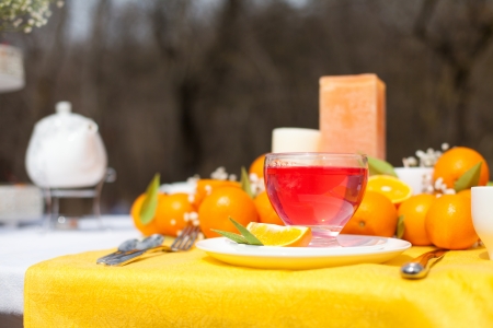 A beautiful wedding table decoration with stylized orange  A series of photos in my portfolio の写真素材