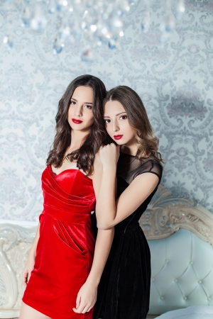Portrait of fashionable young girls in cocktail dressesの写真素材