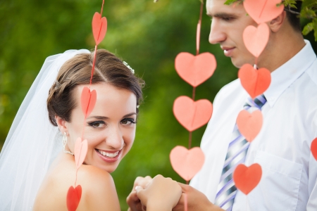wedding couple portrait on summer nature outdoorの写真素材