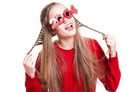 christmas, new year, winter concept - Smiling happy girl on white background.