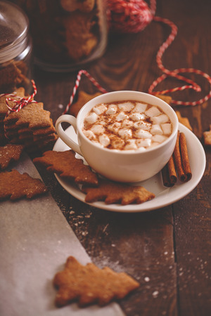 Christmas cookies with hot cocoa. festive decorationの写真素材