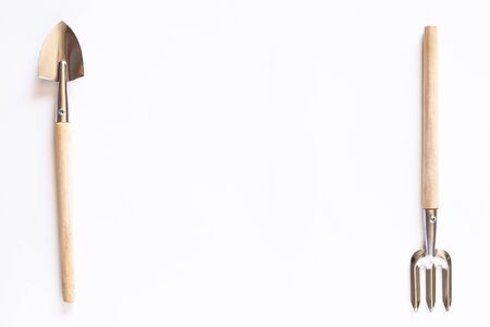 Tools for gardening at home. Growing food on windowsill. Copyspace for text, top view. Flatlay on white backgroundの写真素材