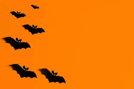 orange background with a flock of black paper bats for Halloween, black paper bat silhouettes on an orange background, Halloween concept, copyspace, flatlay, top view, overheadの写真素材