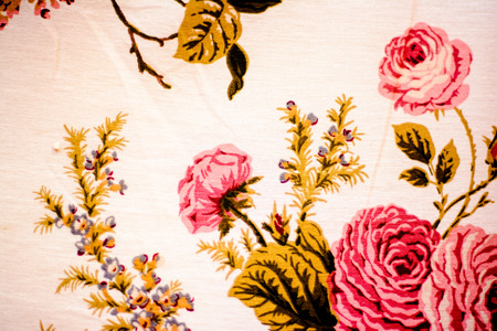 Summer blooming roses, floral pattern painted garden flowers silhouette, beautiful Bright pink bush roses, green leaves on a light peach backgroundの写真素材