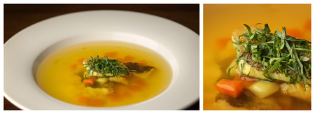 Fish soup with vegetables. Close upの写真素材