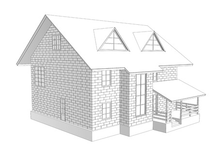3d illustration of a two-storey cottage house. Line drawing. Walls from blocks. 3d modelingの写真素材