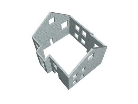 3d render; 3d illustration; house; building; wall; brick wall; open wall; construction; concrete block; foam concrete; masonry; block of wood and concrete; construction; cottageの写真素材