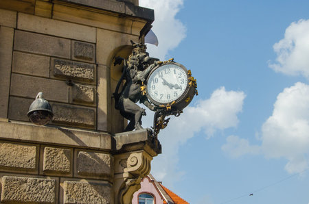 Lion with clock sculpture in the centrum of Klodzko, Poland