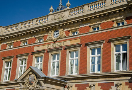 Post office in Gorlitz, Germany. Part of facade Postamp building