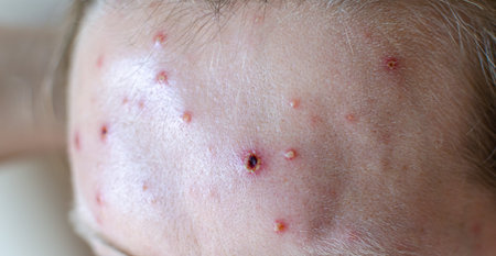 Large spots and pimples acne on the body - adult body with chickenpox. man with Chickenpox,...
