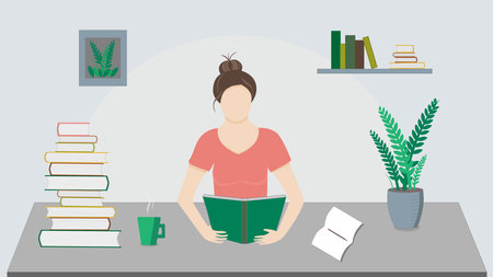 Girl reading book at the table with plant, cup, notes, vector illustration. A  lot of books, learning and knowledge, books lover. Reading and studying at home concept.のイラスト素材