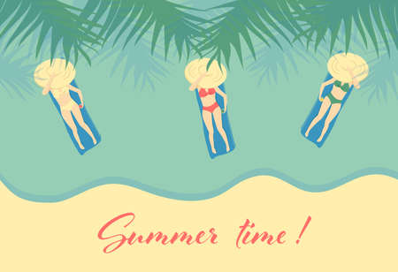 Vector illustration vertical card with three girls in swimsuits on the mattresses floating in the blue sea, top view. Phrase Summer time!のイラスト素材