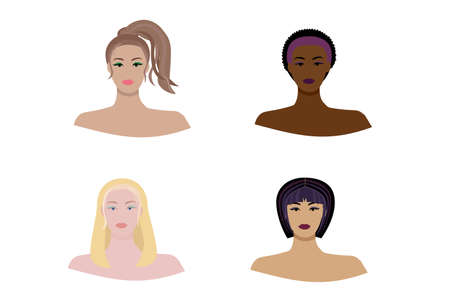Vector set beautiful women icon portraits with different types of haircut, hair color and skin color.のイラスト素材