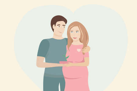 Cute vector illustration of couple, man and pregnant woman holding a pot with growing plant together. Family day concept.のイラスト素材