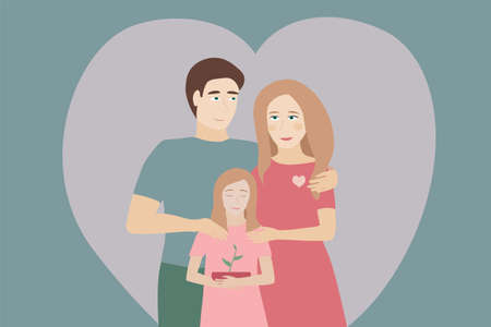 Cute vector illustration of family. Dad, mom and dauther with small green growing plant.のイラスト素材