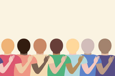 A row of men in colorful raimbow t-shirts with hand on the back of next person. Pride month LGBT+ background, made in vectorのイラスト素材