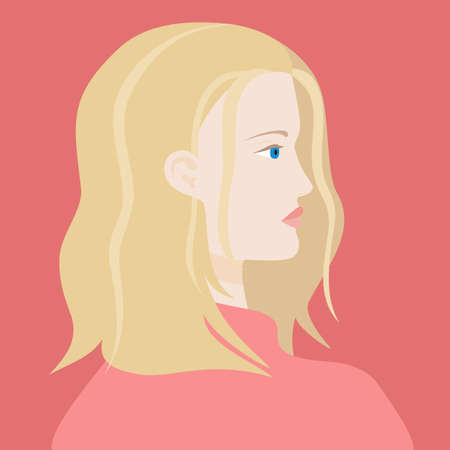 Portrait of a blond haired caucasian woman with blue eyes in pink sweter. The head of a European girl in profile. Social Media Avatar. Vector Flat Illustrationのイラスト素材
