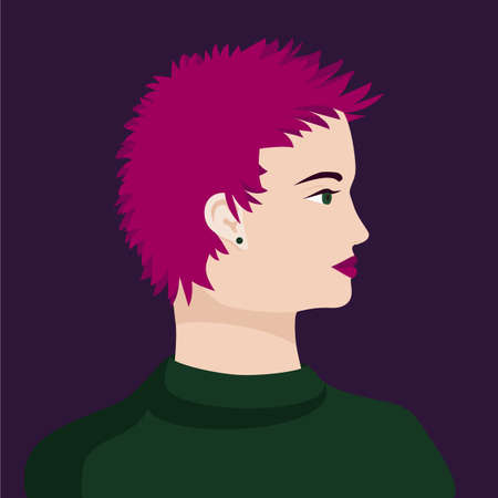 Portrait of a bright pink short haired caucasian woman with green eyes in green sweter. The head of a European girl in profile. Social Media Avatar. Vector Flat Illustrationのイラスト素材