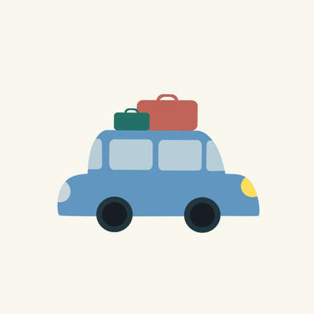 Simple blue toy car with baggage on the roof, side view. cute kid transport. Vector drawn flat illustration, clipart, sticker.のイラスト素材