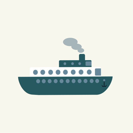 Simple navy toy ship, side view. cute kid transport. Vector drawn flat illustration, clipart, sticker.のイラスト素材