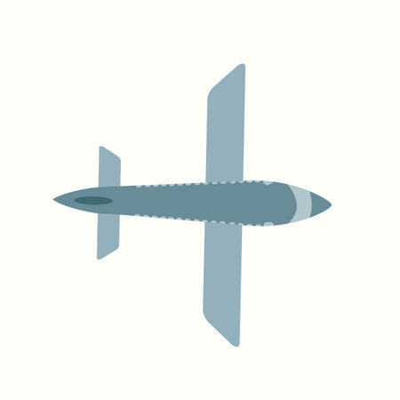 Simple blue toy airplane, top view. cute kid transport. Vector drawn flat illustration, clipart, sticker.のイラスト素材