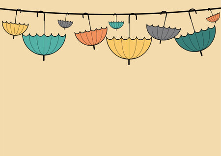 Template with umbrellas hanging on the line, fitted to horisontal A4 card. Different sizes umbrella...