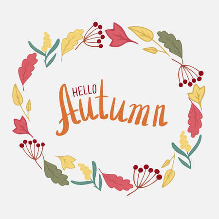 Hand written lettering Autumn with autumn leaves and berries. Pattern for cards, invitations, textile made in vector.のイラスト素材