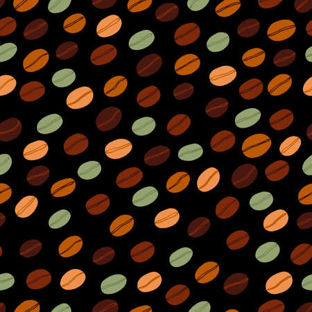 Simple cute roasted and green coffee beans seamless hand written pattern in warm colors. World coffee day.のイラスト素材