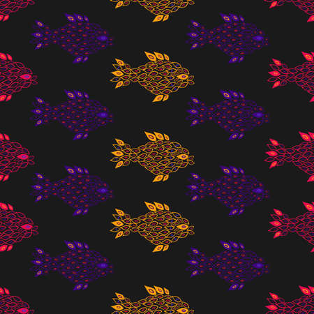 Unusual handdrown bright psychedelic fish seamless pattern. Fish made of small parts, partly transparent. Pattern for textile, cards, backgrounds etc.のイラスト素材