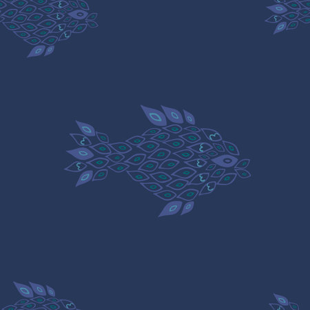 Unusual handdrown blue fish on dark blue background seamless pattern. Fish made of small parts, partly transparent. Pattern for textile, cards, backgrounds etc.のイラスト素材