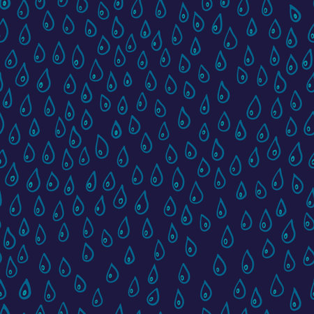 Cute seamless hand-drawn pattern with falling waterdrops on dark blue background. Pattern for...