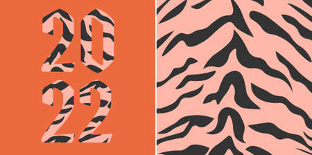 Happy New Year 2022. Vector numbers with Tiger stripe pattern. Creative card design with tiger fur texture. Set of two Vector illustration for invitation card.のイラスト素材