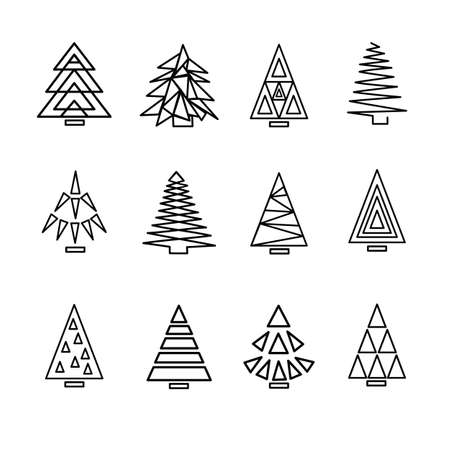 Set of 16 black and White triangle Christmas tree icon. Simple cute Isolated on white background. Vector illustrationのイラスト素材