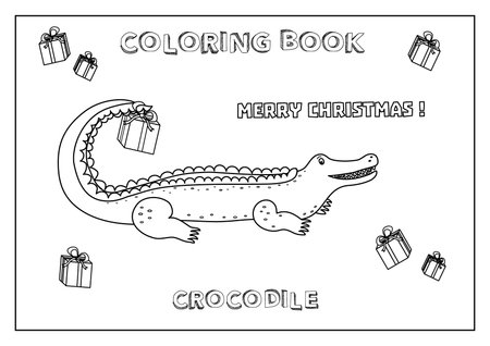 Kids Coloring book Merry Christmas! with Crocodile and presents. Black and white, made in vector.のイラスト素材