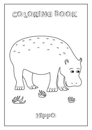 Kids Coloring book Hippo. Ready to print, suitable format paper A4. Black and white, made in vector.のイラスト素材