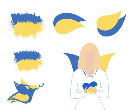 Different ukrainian flags, peace dove in blue an yellow colors, woman angel with heart, made in vector. Isolated on whiteのイラスト素材