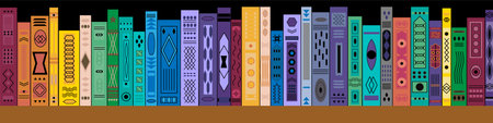 Books on the wooden shelf. Bookshelf for interiors in cartoon style. Vector illustration isolated on black backgroundのイラスト素材