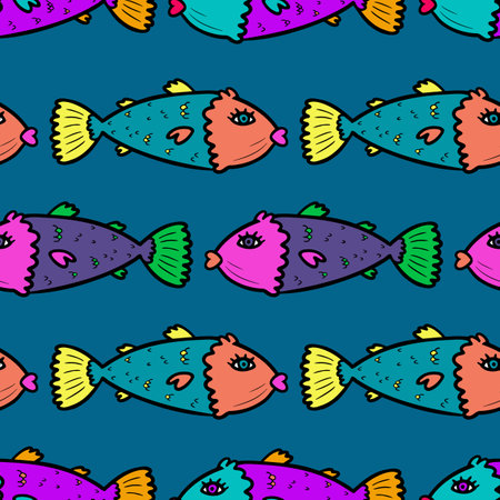 Seamless psychedelic fish vector pattern. Bright fishes in rows, pattern for textile, wrapping paper, backdropのイラスト素材