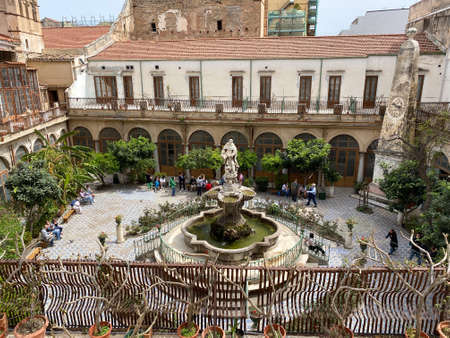 Palermo, Sicily, Italy - April 15, 2022: The majolica cloister with fountain in courtyard of the Santa Caterina church, Palermo, Italy.のeditorial素材
