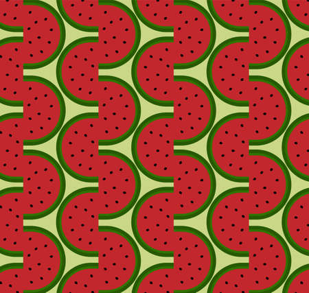 Simple seamless Watermelon pattern. Wavy Lines made of Watermelon slices with seeds on light green background. Made in vector.のイラスト素材