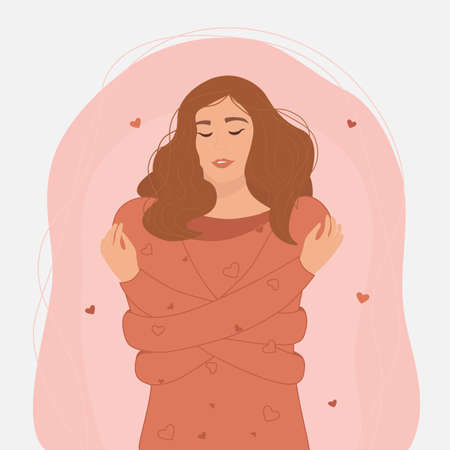 Love yourself. Woman self hug vector character, happy girl in flowers and hearts. Isolated cute female expressing self love and care. Vector illustration for love yourself, body positive, confidence conceptのイラスト素材